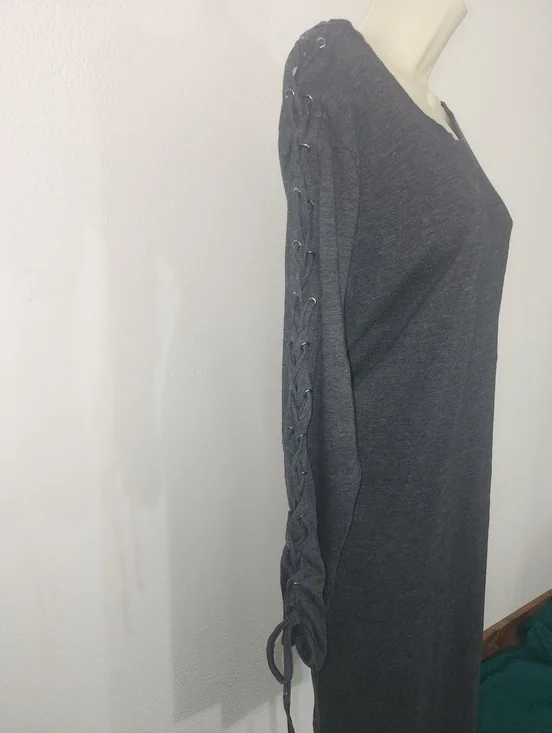 Umgee Dress Knit  Long Sleeve With Tie-Detail  Charcoal Size L - Picture 5 of 12